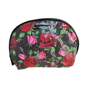Betsey Johnson Sequin Rose Black Floral Cosmetic Bag - Set of 2